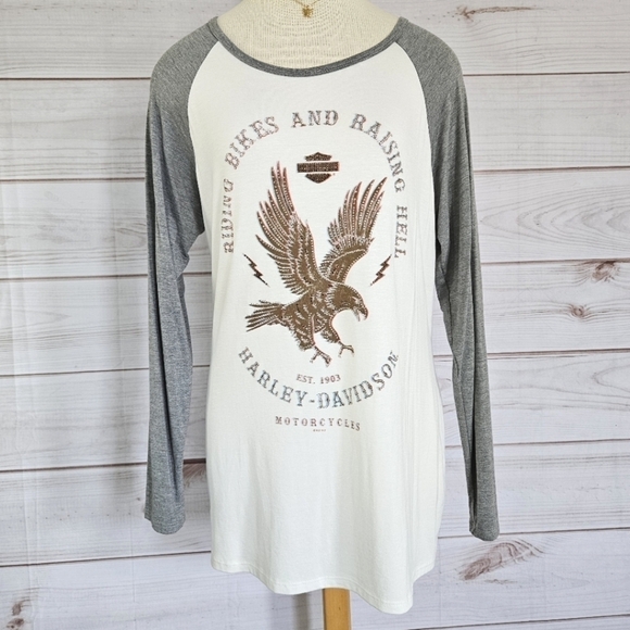 Harley-Davidson Riding Bikes Raising Hell Long Sleeve Cream Rhinestone Top Sz 1X - Picture 2 of 11